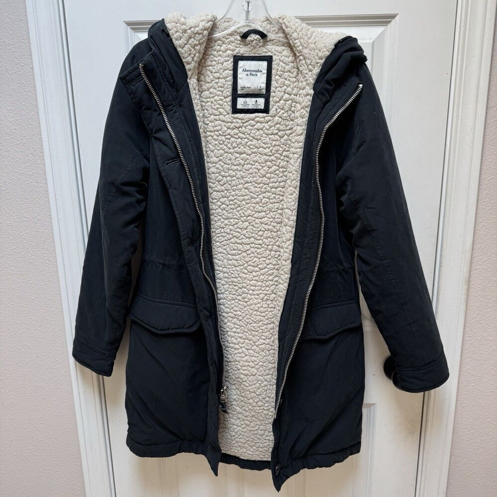 Abercrombie & Fitch Black Military Parka Sherpa-Lined Hooded Small *no Fur Trim*